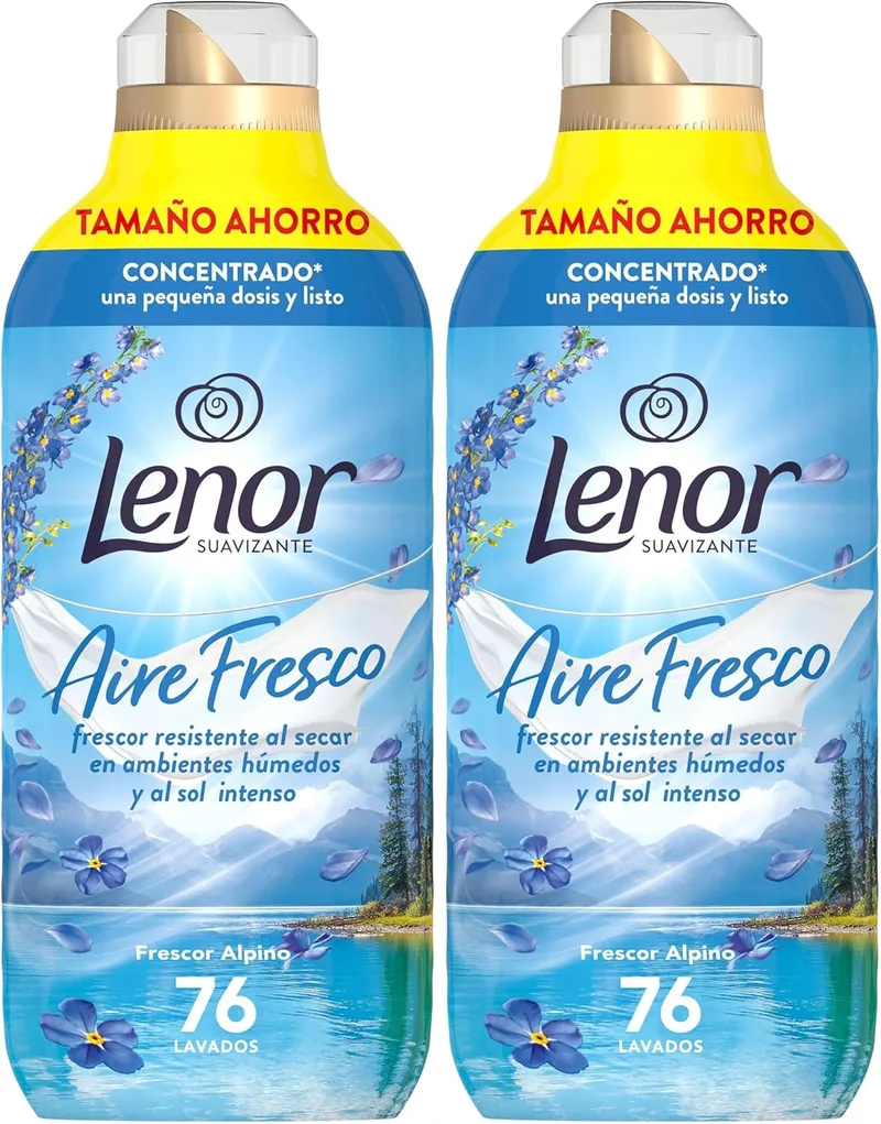 LENOR ▫️ Aire Fresco Amaciador de Roupa Frescor Alpino 76 Lavagens, 1,064 L, Frescor que se mantém mesmo ao secar em ambientes húmidos ou sob sol intenso (Embalagem de 2)