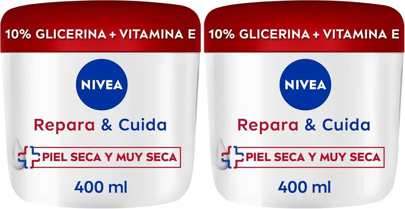 NIVEA ▫️ Repair & Care Creme Hidratante Corpo, Rosto e Mãos (1 x 400 ml), creme hidratante 72 horas com glicerina e vitamina E pura, para peles secas e muito secas (Embalagem de 2)