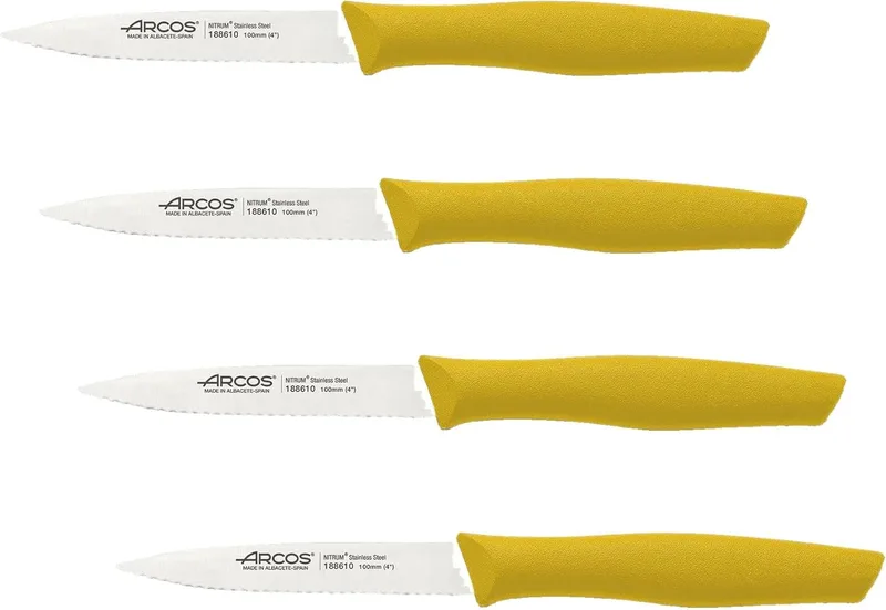 Arcos ▫️ Série Nova - Faca para descascar - Lâmina dentada em aço inoxidável de 100 mm - Cabo em polipropileno amarelo (Embalagem de 4)