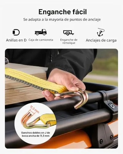 VEVOR ▫️ Cintas de catraca, 50,8 mm x 9,1 m, com gancho duplo em J, resistência à ruptura de 4536 kg, para mudanças, reboques, motociclos, caiaques, tejadilho de automóveis, Embalagem de 10 unidades 5