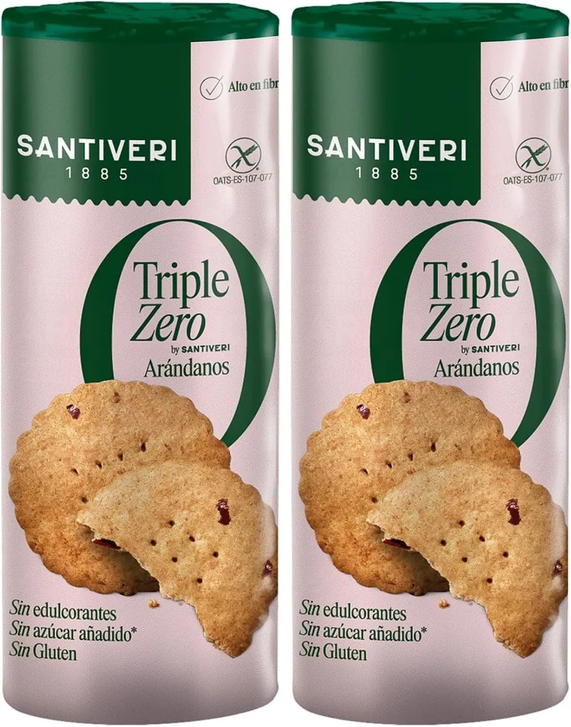 SANTIVERI ▫️ Bolachas Triple Zero Blueberry, bolachas crocantes com aveia integral e arandos, ricas em fibras, sem adoçantes, sem adição de açúcar ou glúten, vegan - 205 g (embalagem de 2)