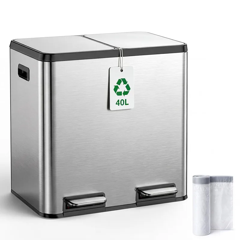 YEAUPE PRO ▫️ Caixote do lixo de cozinha 40 L duplo (2 x 20 L) em aço inoxidável, pedal com fecho suave, cubos internos removíveis, pegas laterais, controlo de odores, 15 sacos incluídos