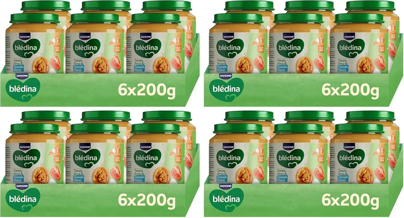 Blédina ▫️ Potes de tomate, arroz e peixe branco para bebés. Potes : fonte de ómega 3, sem sal nem açúcares adicionados e sem glúten. A partir dos 8 meses, embalagem de 6 x 200 g (pacote de 4)