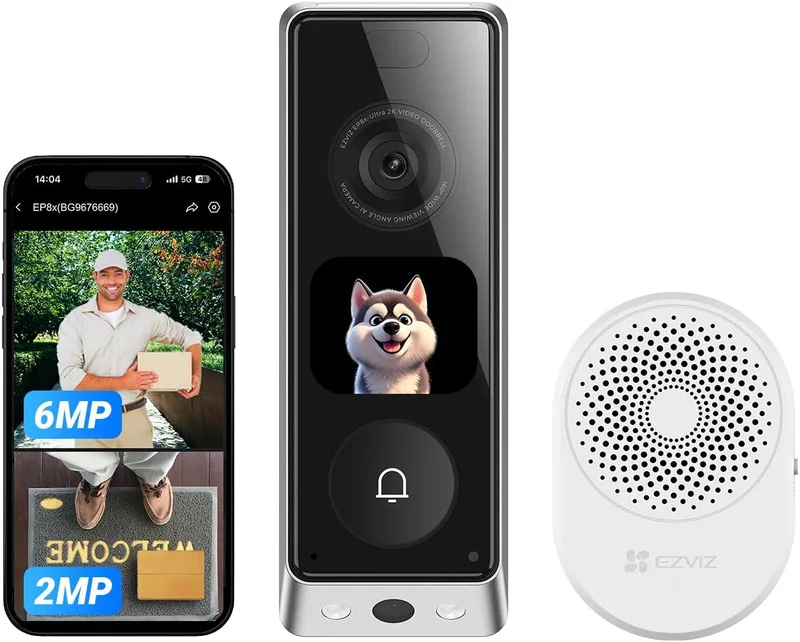 EZVIZ ▫️ EP8 Ultra: Campainha sem fios para exterior com câmara de 6 MP + 2 MP, sinal sonoro, ecrã interativo com videochamada, deteção de pessoas/pacotes, Pre-Roll, 2 baterias recarregáveis, 32 GB de memória eMMc interna, Wi-Fi 6