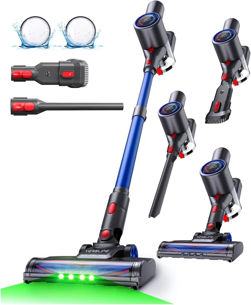 VersLife ▫️ Aspirador sem fio 40 kPa/500 W/45 min,Aspirador sem fio tipo vassoura com ecrã LED, luz verde, design autossustentável, tubo telescópico e filtro HEPA, para pêlos de animais de estimação, pavimentos e alcatifas (azul)