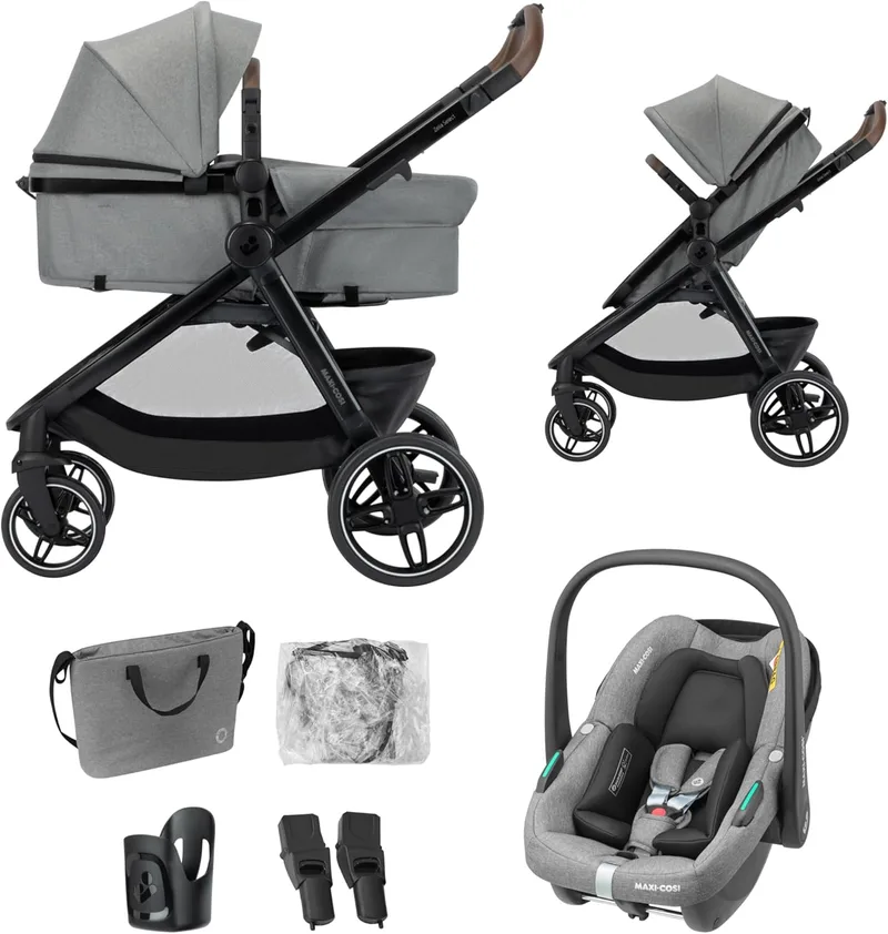 Maxi-Cosi ▫️ Maxi Cosi Zelia Select Trio, Carrinho de bebé 3 em 1 com cadeira auto, 0-4 anos (0-22 kg), dobrável com uma mão, compacto e reversível, com cadeira auto CabrioFix S i-Size incluída, cinzento
