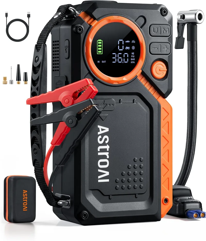AstroAI ▫️ Arrancador de Bateria de Carro 8000A com Compressor de Ar, Arrancador de Bateria de Carro Portátil com Inflador de 150 PSI, Arrancador de Bateria de 12V (Toda a Gasolina ou 12L Diesel), com Ecrã LED e Luz de Emergência