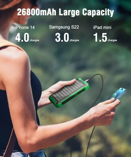 Genmifly ▫️ Power Bank Solar de 26 800 mAh com 4 cabos, carregamento sem fios USB-C de 15 W e carregamento rápido 4