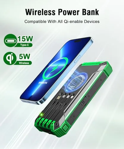 Genmifly ▫️ Power Bank Solar de 26 800 mAh com 4 cabos, carregamento sem fios USB-C de 15 W e carregamento rápido 5