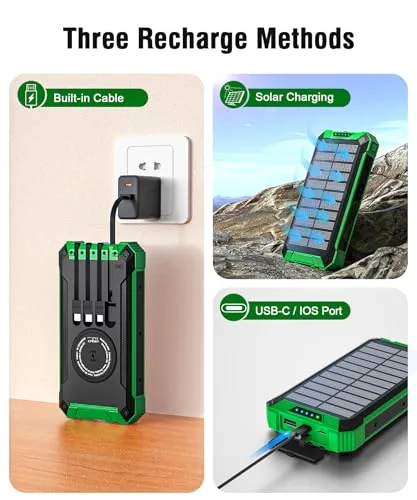 Genmifly ▫️ Power Bank Solar de 26 800 mAh com 4 cabos, carregamento sem fios USB-C de 15 W e carregamento rápido 6