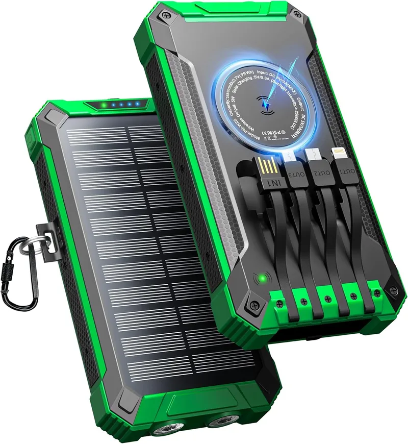 Genmifly ▫️ Power Bank Solar de 26 800 mAh com 4 cabos, carregamento sem fios USB-C de 15 W e carregamento rápido