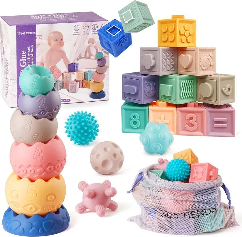 365 TIENDA ▫️ Brinquedo Montessori para 1 ano – Conjunto de 22 peças sensoriais em silicone macio para empilhar e encaixar – Educativo e seguro – Presente ideal para bebés Montessori dos 6 aos 12 meses