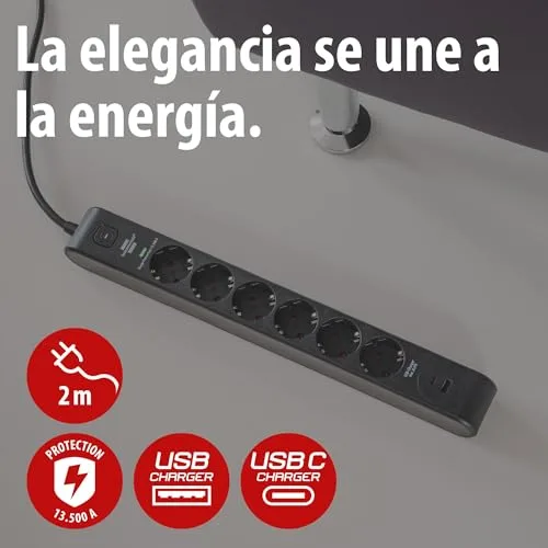 Brennenstuhl ▫️ Extensão com 6 tomadas, USB e proteção contra sobretensão (extensão múltipla com 1x USB-C PD 20 W para carregamento rápido e 1x USB-A 20 W, interruptor, cabo de 2 m) preta 2