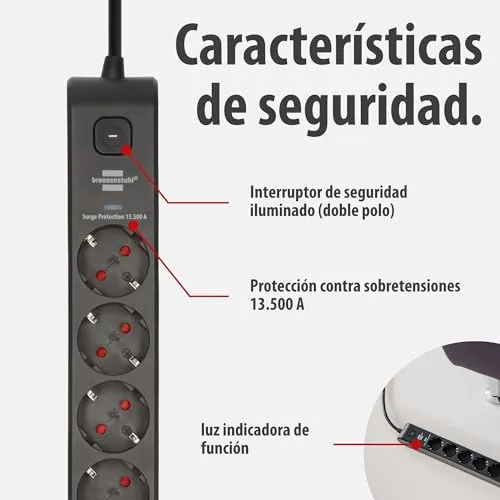Brennenstuhl ▫️ Extensão com 6 tomadas, USB e proteção contra sobretensão (extensão múltipla com 1x USB-C PD 20 W para carregamento rápido e 1x USB-A 20 W, interruptor, cabo de 2 m) preta 3