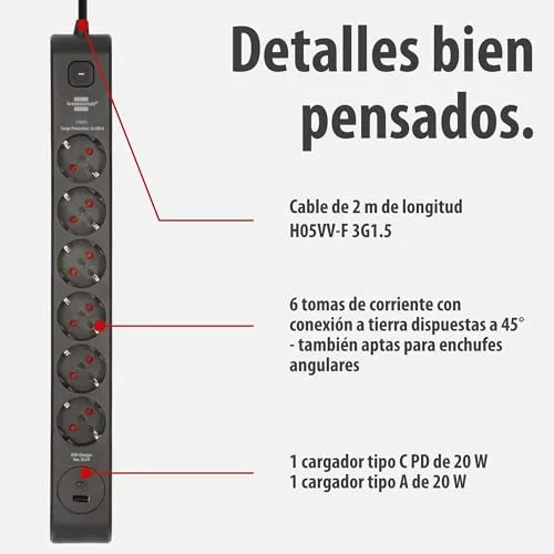 Brennenstuhl ▫️ Extensão com 6 tomadas, USB e proteção contra sobretensão (extensão múltipla com 1x USB-C PD 20 W para carregamento rápido e 1x USB-A 20 W, interruptor, cabo de 2 m) preta 4