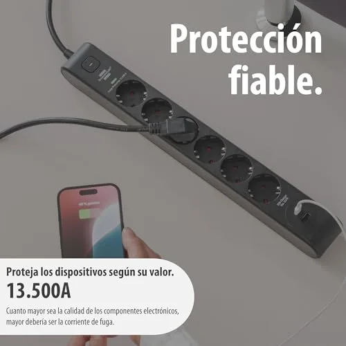 Brennenstuhl ▫️ Extensão com 6 tomadas, USB e proteção contra sobretensão (extensão múltipla com 1x USB-C PD 20 W para carregamento rápido e 1x USB-A 20 W, interruptor, cabo de 2 m) preta 6
