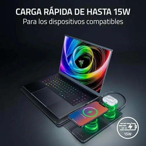 Razer ▫️ Capa para portátil de 16" com carregamento sem fios - Duas zonas compatíveis com MagSafe para o telemóvel e os auscultadores - Carregamento rápido até 15 W - Interior almofadado | Preto 3