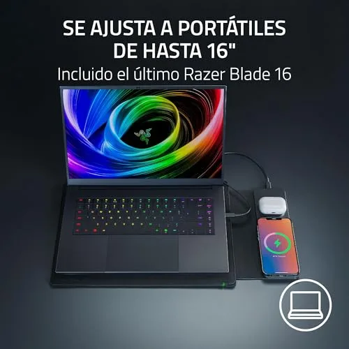 Razer ▫️ Capa para portátil de 16" com carregamento sem fios - Duas zonas compatíveis com MagSafe para o telemóvel e os auscultadores - Carregamento rápido até 15 W - Interior almofadado | Preto 4