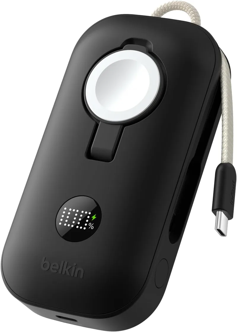 Belkin ▫️ Bateria externa BoostCharge Pro com carregamento rápido de 10 000 mAh, Power Bank carregado, para Apple Watch, bateria portátil com cabo USB-C trançado e ecrã, 45 W, carregador portátil, para 3 dispositivos, preto