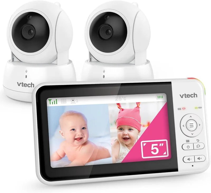 VTech ▫️ Monitor de bebé com 2 câmaras e ecrã LCD a cores de 5", até 17 horas de vídeo e 31 horas de transmissão apenas de áudio, visão nocturna, inclinação horizontal e vertical e zoom: VM924-2