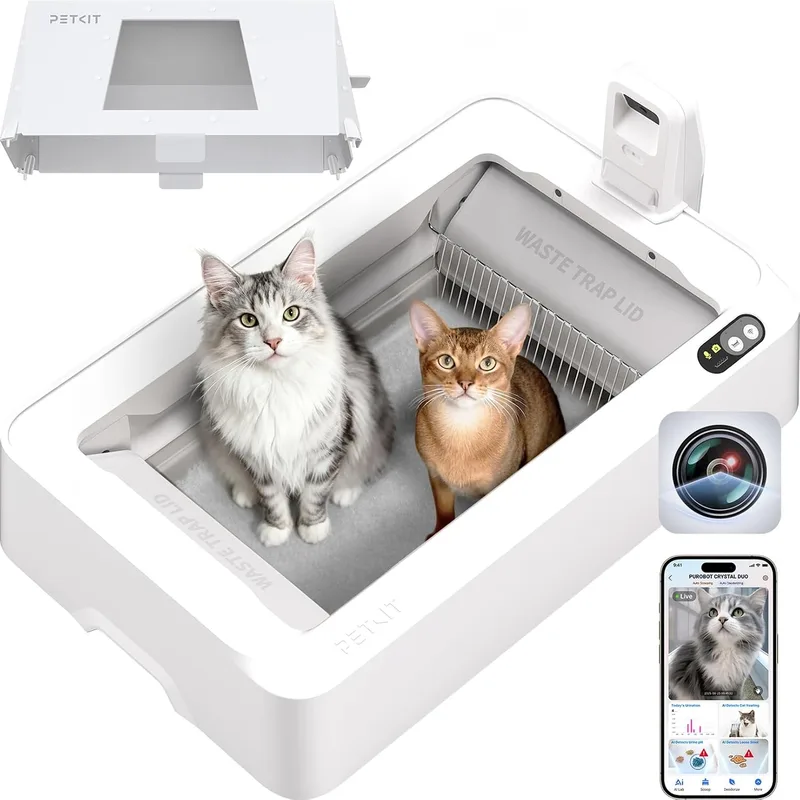 PETKIT ▫️ PUROBOT Crystal Duo Caixa de Areia Autolimpante para Gatos, Câmara com IA, Caixa de Areia Autolimpante para Gatos, Limpeza Bidirecional, Bandeja Substituível, Monitorização da Saúde, Eliminação de Odores