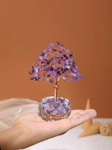 JSDDE ▫️ Árvore da vida com pedras de ametista, vaso de cristal facetado, decoração 5