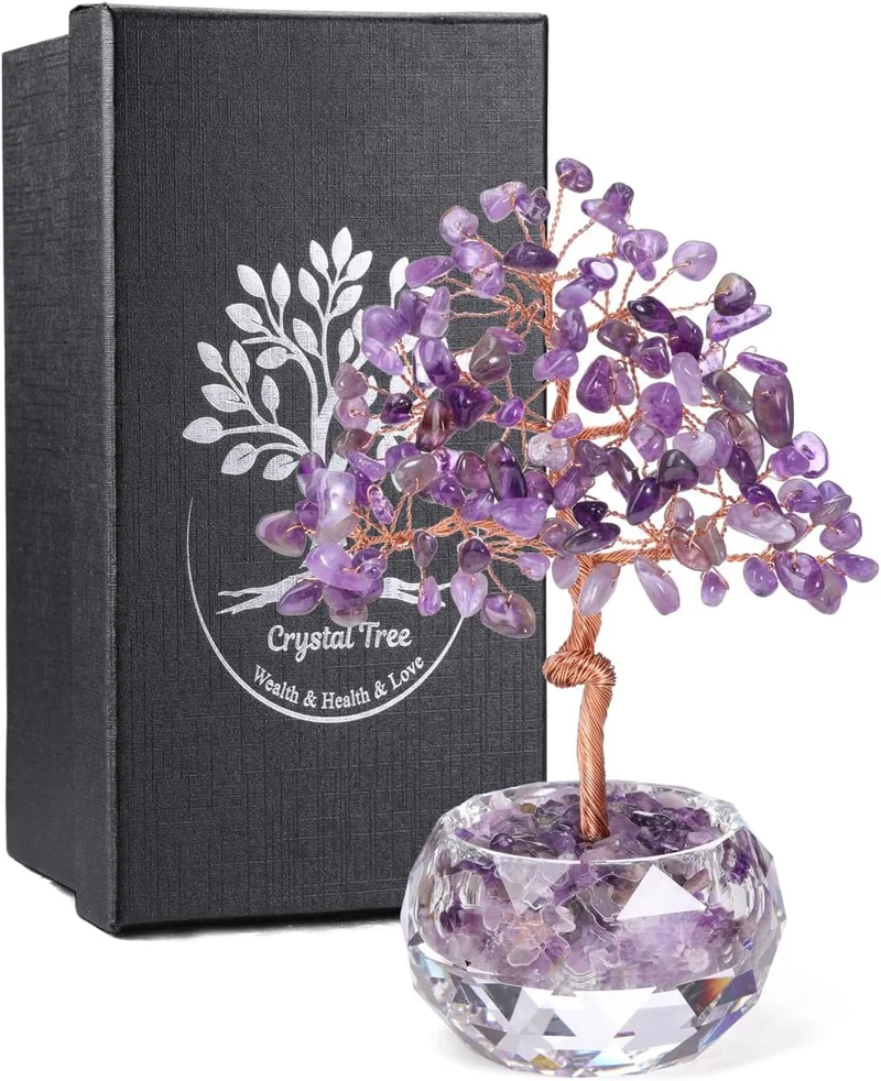 JSDDE ▫️ Árvore da vida com pedras de ametista, vaso de cristal facetado, decoração