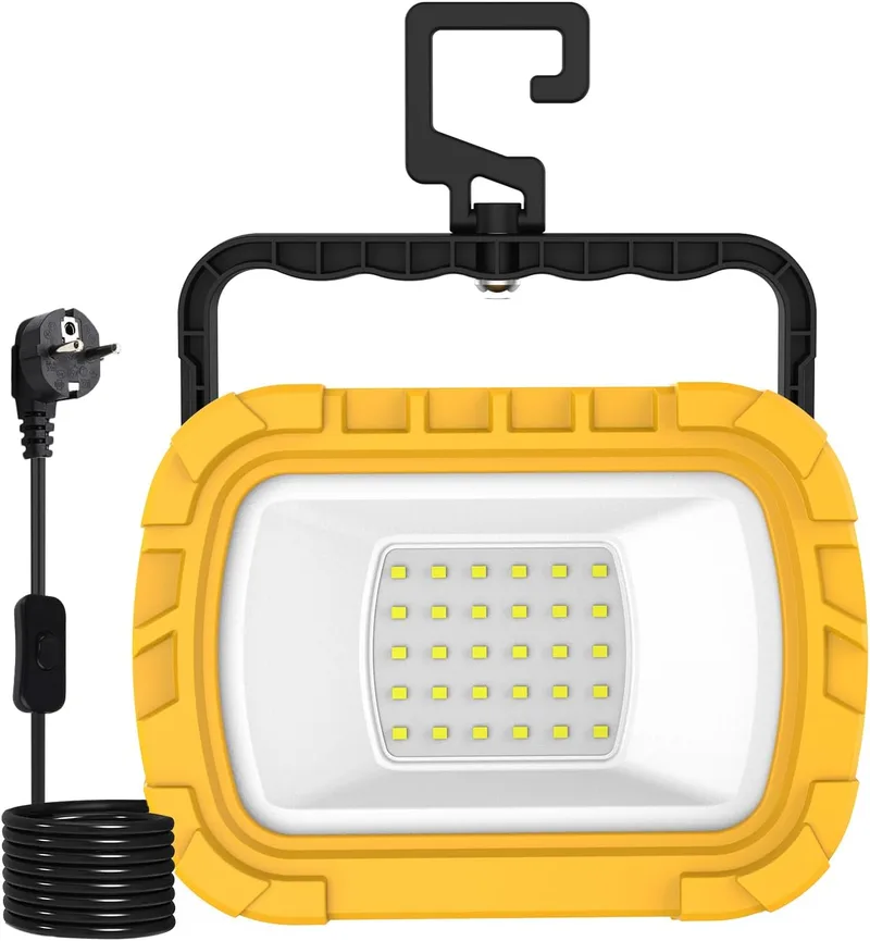 T-SUN ▫️ Projetor LED portátil 30W, luz de trabalho LED 1000LM com ficha e cabo de 1,8 m, suporte dobrável, branco frio 6500K, luz de trabalho à prova de água para garagens, oficinas e estaleiros de construção - 1 peça