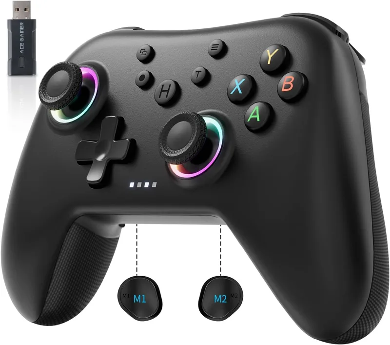 AceGamer ▫️ Aurora 2.4G Wireless PC Controller Windows/Switch 2/Switch/Steam/iOS/Android, Controlador de PC com Joystick de Efeito Hall, Botão Traseiro Programável, Atuador Ressonante Linear, Turbo, Preto