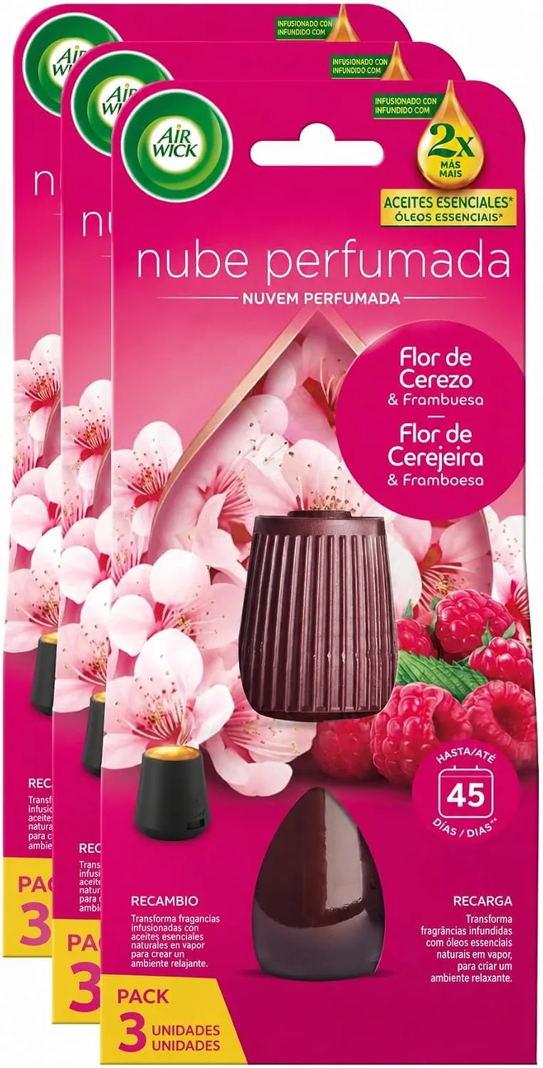 Air Wick ▫️ Essential Mist - 3 recargas para difusor de óleos essenciais com aroma a flor de cerejeira e framboesa, enriquecidas com o dobro de óleos essenciais