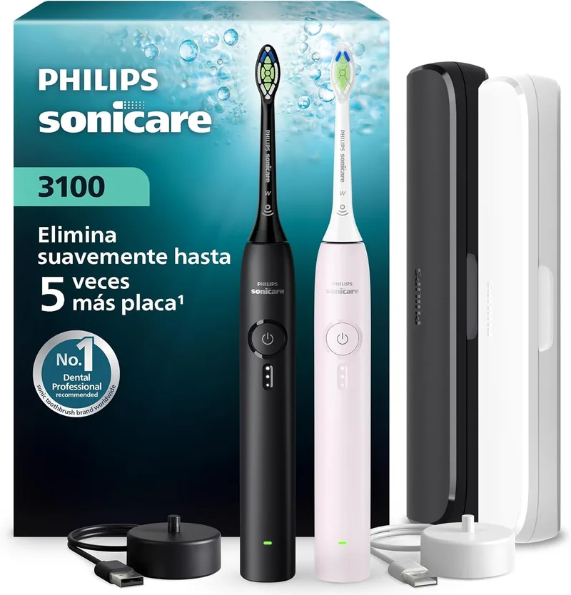 Philips ▫️ Sonicare 3100 Series - Escova de dentes sónica - Escova de dentes sónica, sensor de pressão, 3 intensidades, EasyStart, SmarTimer, tempo de limpeza de 14 dias, estojo, preto e rosa claro, embalagem dupla, HX4072/42, [Novo].