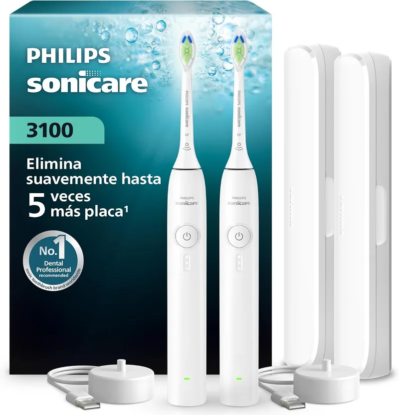 PHILIPS ▫️ Escova de dentes Sonicare Série 3100 - Escova de dentes sónica, sensor de pressão, 3 níveis de intensidade, EasyStart, SmarTimer, autonomia de 14 dias, estojo, branca, embalagem dupla, HX4072/41, [Nova]
