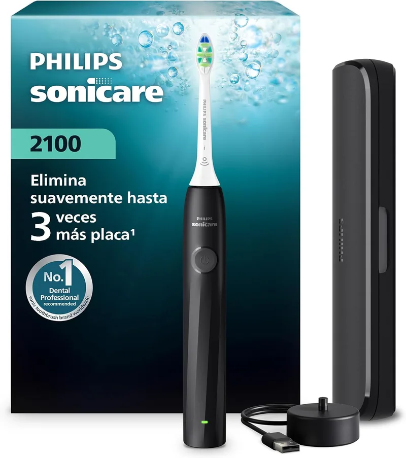 PHILIPS ▫️ Escova de dentes elétrica Sonicare Série 2100 - Escova de dentes sónica com 2 níveis de intensidade, função EasyStart, SmarTimer, autonomia de 14 dias, estojo de viagem, preta, HX4023/02, [Nova]