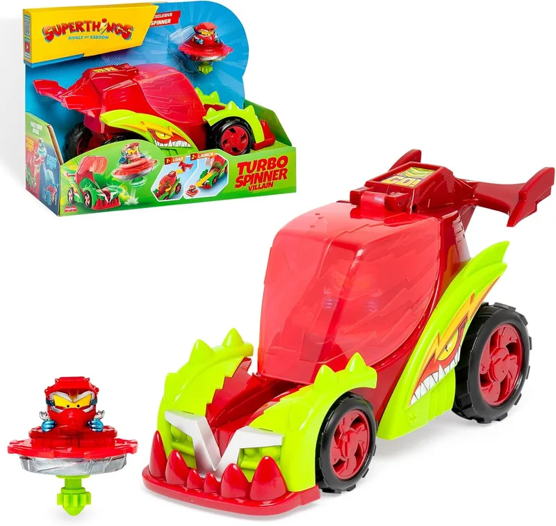 SUPERTHINGS RIVALS OF KABOOM ▫️ SUPERTHINGS KAZOOM Power - Vilão Turbo Spinner. Veículo com lançador de pião. Inclui 1 Turbo Spinner e 1 Kazoom exclusivo.