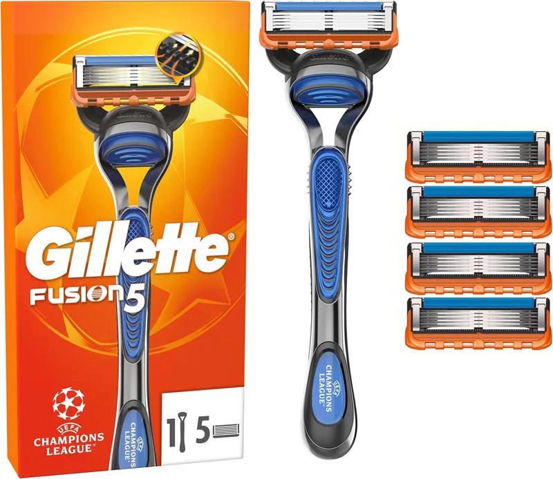 Gillette ▫️ Fusion5 Edição especial da Liga dos Campeões da UEFA para homem, 1 cabo + 5 recargas, com fita lubrificante para um barbear rente