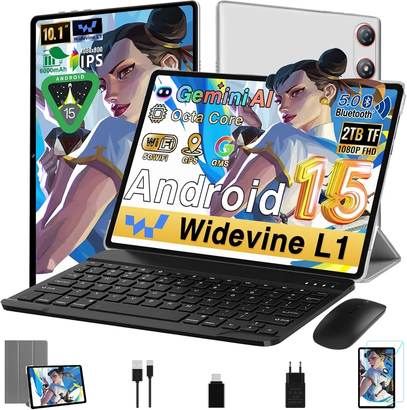 UJJ ▫️ Tablet de 10 polegadas Android 15, 64GB ROM + 2TB TF, Gemini AI, Octa-Core, 5G WiFi 6, Widevine L1, GMS, Bluetooth 5.0, 5MP+ 8MP, 3.5mm Audio, 1280 * 800 FHD IPS, Tablet com teclado e rato, Prata