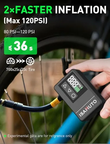 ISAMUTO ▫️ Mini-bomba de ar elétrica para bicicleta, inflador de pneus até 120/150 PSI com manómetro digital, desligamento automático, luz LED e bateria recarregável, compatível com válvulas Presta e Schrader 2