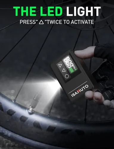 ISAMUTO ▫️ Mini-bomba de ar elétrica para bicicleta, inflador de pneus até 120/150 PSI com manómetro digital, desligamento automático, luz LED e bateria recarregável, compatível com válvulas Presta e Schrader 6