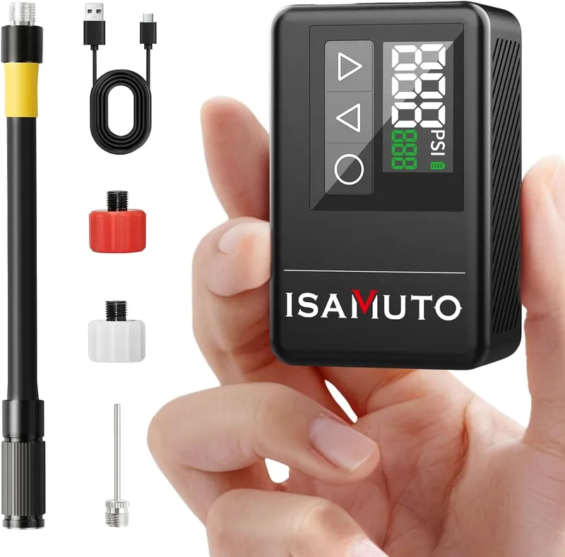 ISAMUTO ▫️ Mini-bomba de ar elétrica para bicicleta, inflador de pneus até 120/150 PSI com manómetro digital, desligamento automático, luz LED e bateria recarregável, compatível com válvulas Presta e Schrader