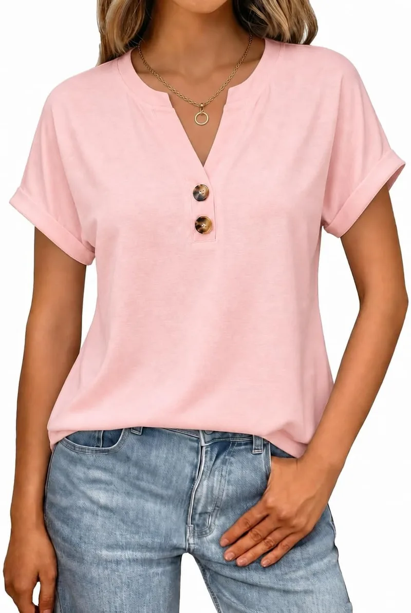 Litherday ▫️ T-shirt feminina de manga curta com decote em V e pormenor de botões Blusa casual T-shirt básica de verão de ajuste solto