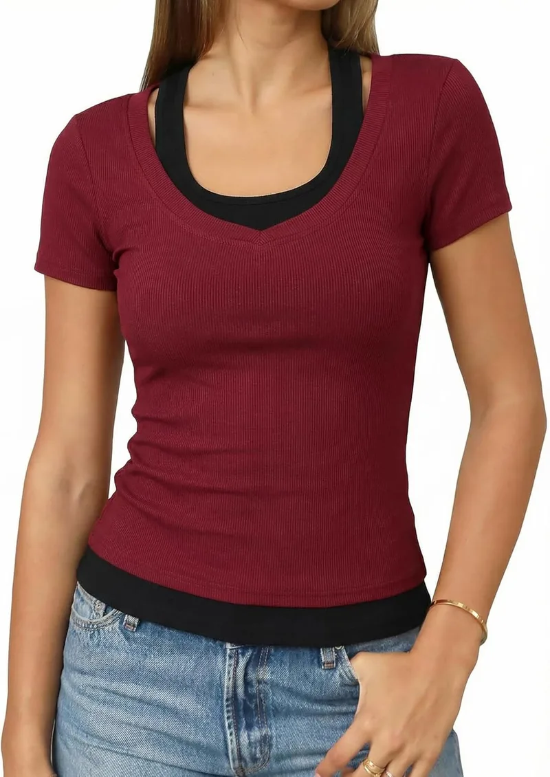 Totatuit ▫️ Camiseta de mulher de manga curta, com efeito de duas peças, justa, com decote em U e contraste de cores – Primavera e Verão