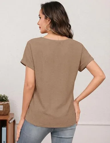 Totatuit ▫️ Camiseta de Verão para Mulher, de manga curta, com decote em V, de cor única 4