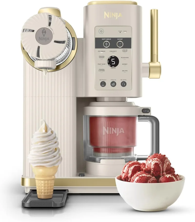 Ninja ▫️ CREAMi Scoop & Swirl: A máquina de gelados com 2 recipientes e 13 funções prepara gelados, gelados cremosos, gelatos, batidos e muito mais, e inclui a opção de adicionar extras, em cor pedra/dourado, NC701EUSTGD