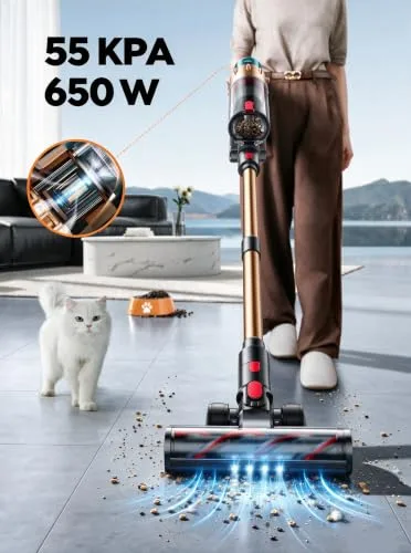 SMOTURE ▫️ Aspirador sem fio 55 kPa/650 W/70 min (ECO), aspirador vertical potente com escova para colchões, mangueira de 1 m, escova anti-emaranhamento com luz, Modo Automático, Carregamento na Parede, Carro/Pavimentos/Tapetes 2