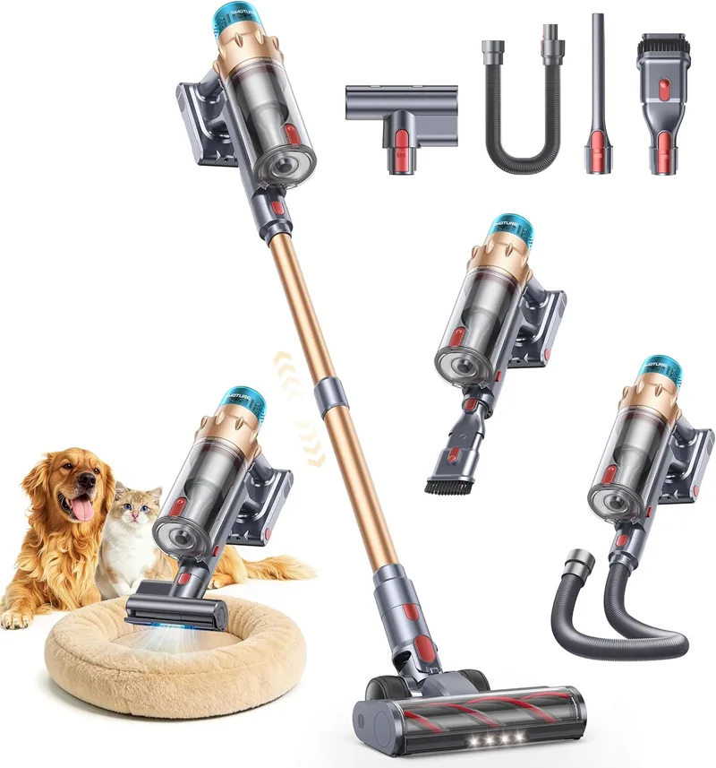 SMOTURE ▫️ Aspirador sem fios 50KPa/600W/65Min(ECO), Aspirador vertical potente com escova para colchão, mangueira de 1M, escova anti-emaranhado com luz, modo automático, carregamento na parede, carro/pavimentos/carpetes