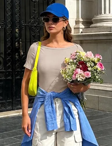 Aottori ▫️ Camisola de manga curta para mulher para o verão, com padrão canelado, elástica e gola redonda 3