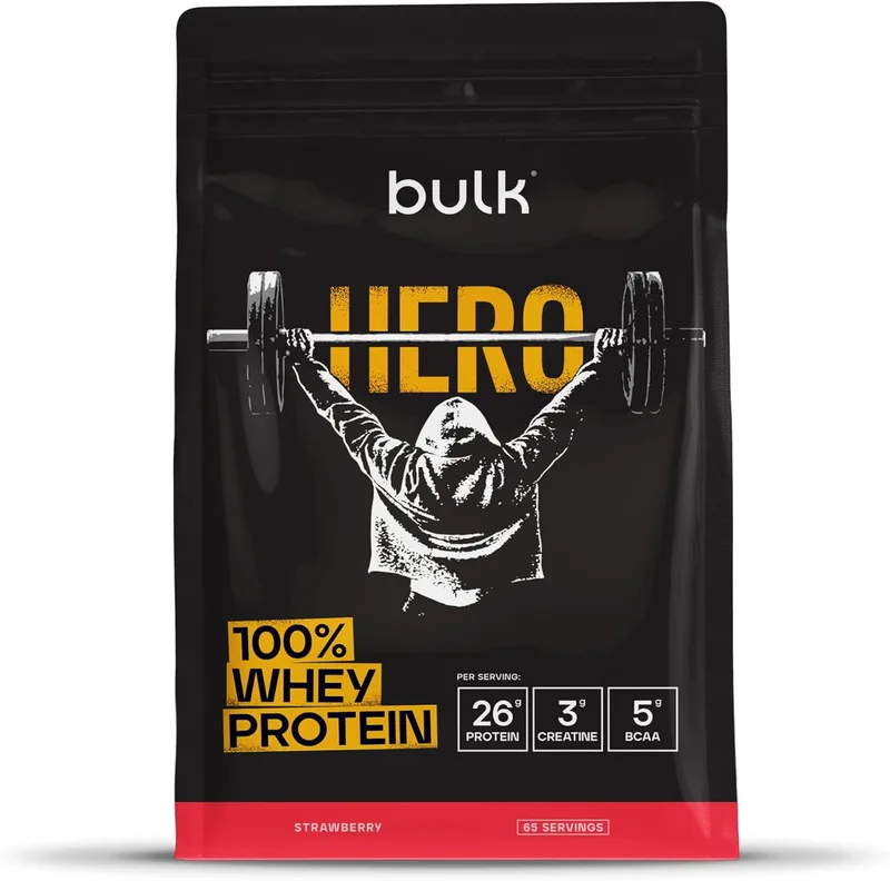 Bulk ▫️ Heroy Whey Protein Powder | Morango | 65 doses | 26g de proteína + 3g de creatina | 5g de BCAAs | Baixo teor de açúcar | Absorção rápida | Mistura de isolado, hidrolisado e concentrado