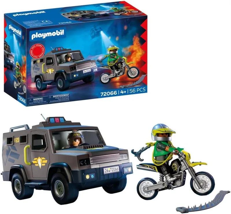 PLAYMOBIL ▫️ Ação na cidade : Veículo SWAT : com agente da polícia, mota criminosa e gangue de pregos : Brinquedo para crianças a partir dos 4 anos : 72066
