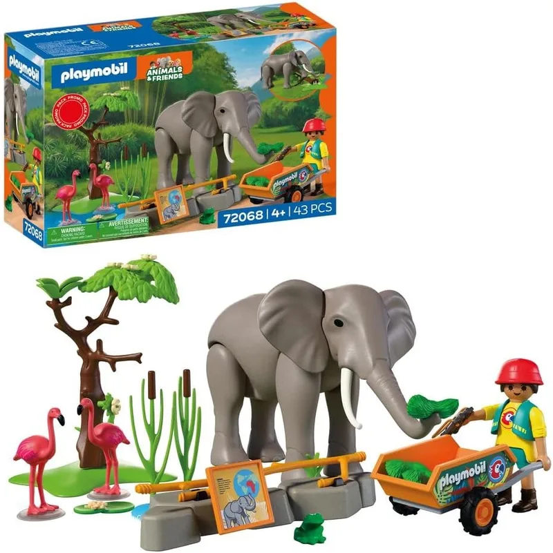 PLAYMOBIL ▫️ Animal & Friends : Elefante com Guardião : Conjunto de brinquedos do jardim zoológico com 4 animais e acessórios : para crianças a partir dos 4 anos : 72068