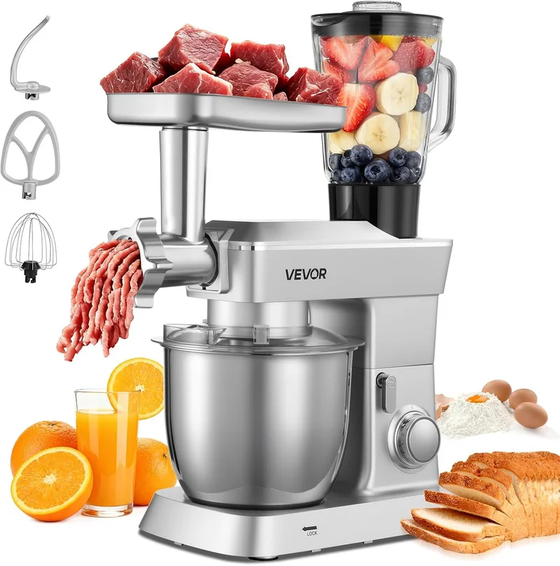 VEVOR ▫️ Processador de Alimentos Elétrico Multifuncional 1300 W, com taça de aço inoxidável de 4,3 L e taça para misturar de 1,5 L, 6 velocidades + P, gancho para amassar, batedeira de varas e batedeira plana
